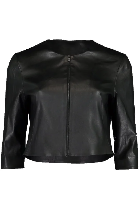 Stretch Leather Cardigan Jacket - Black