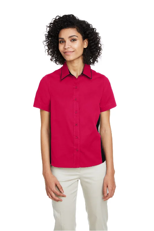 Harriton Womens Flash Colorblock Wrinkle Resistant Short Sleeve Button Down Shirt - Red/Black