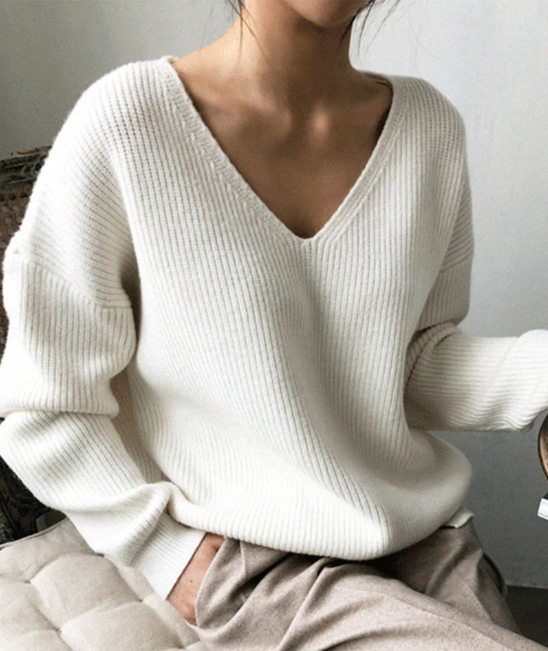 Simple v neck neck sweater long sleeve sweater      S2512