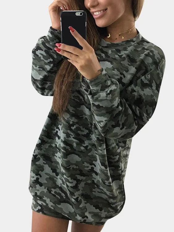 Wholesale Camouflage Crew Neck Pullover Long Sleeve Bodycon Mini Dresses