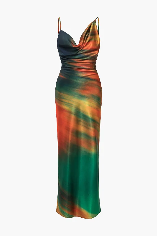 Ombre Print Cowl Neck Asymmetrical Slip Maxi Dress