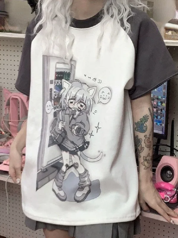 Grey Neko Girl Detachable Sleeve Tee