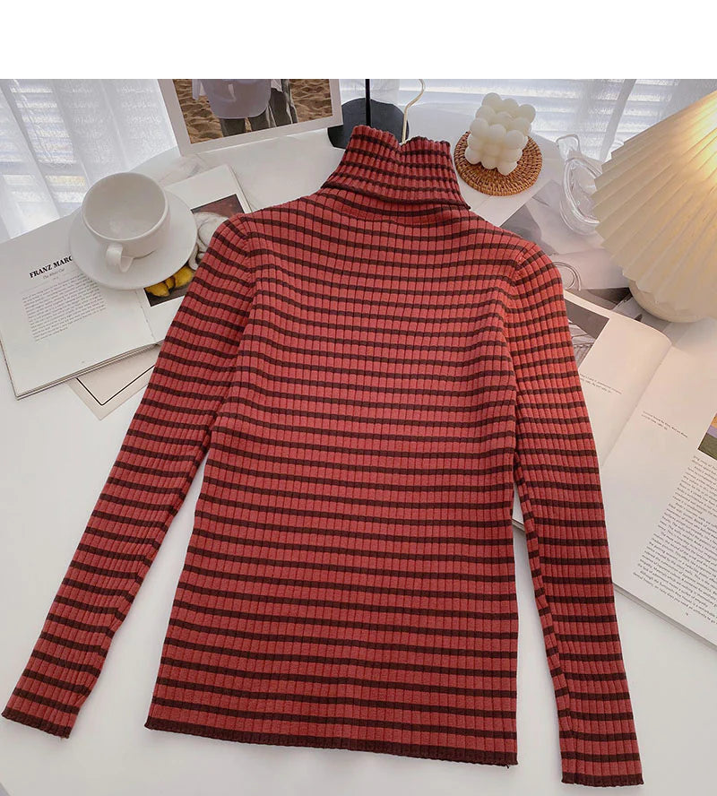 High neck stripe bottomed long sleeve top popular sweater       S2526