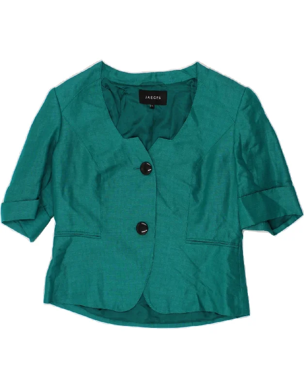 JAEGER Womens 2 Button Short Sleeve Blazer Jacket UK 14 Large Green Linen