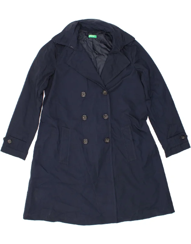 BENETTON Womens Trench Coat UK 10 Small Navy Blue Polyester