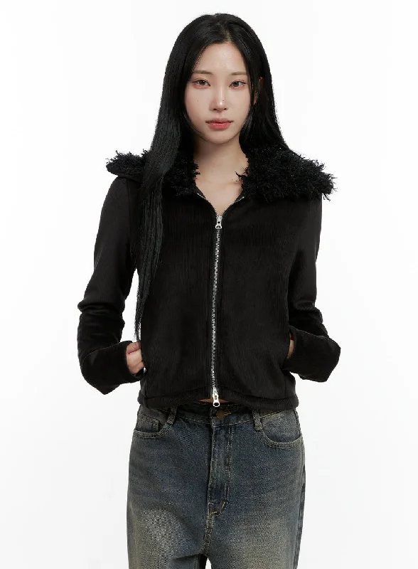 Fuzzy Collared Slim Fit Zip-Up CN407