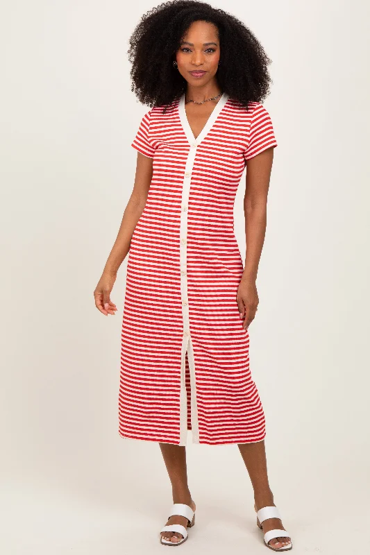 Red Striped Button Down Midi Dress