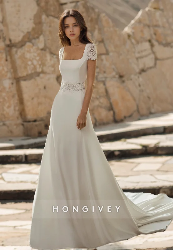 HONGIVEY Beach Wedding Dress with Train Square Short Sleeves Bridal Dresses