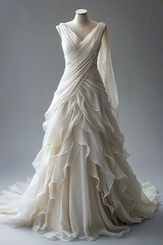 Elegant V Neck Ivory A-Line Layers Vintage Wedding Dress, DP4169