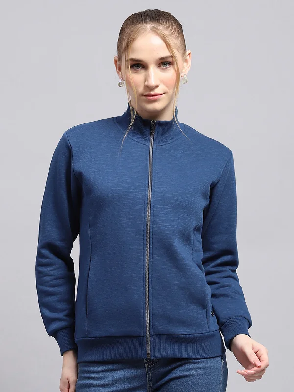 Women Blue Solid Mock Neck Full Sleeve Sweatshirt