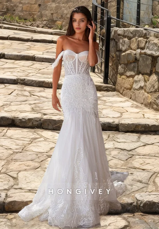 HONGIVEY New Mermaid Wedding Dresses with Train Off-Shoulder Lace Beads Bride Gown