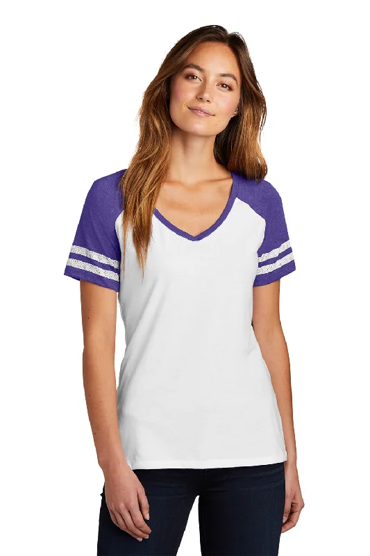 District Womens Game Short Sleeve V-Neck T-Shirt - White/Heather Purple - Closeout