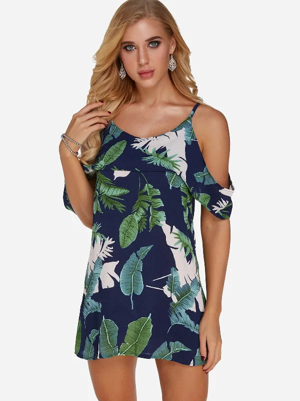 Wholesale Green Cold Shoulder Floral Print Mini Dresses