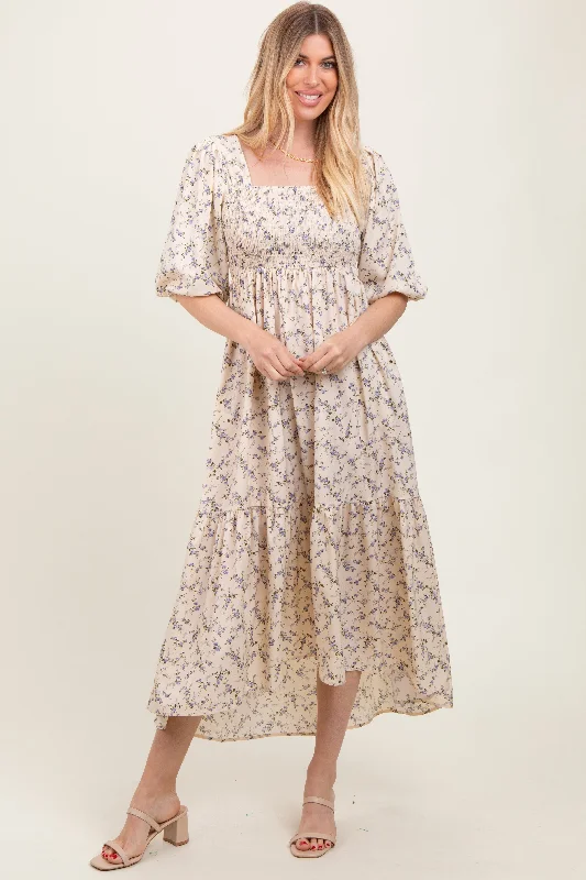 Ivory Floral Smocked Hi-Low Puff Sleeve Maxi Dress