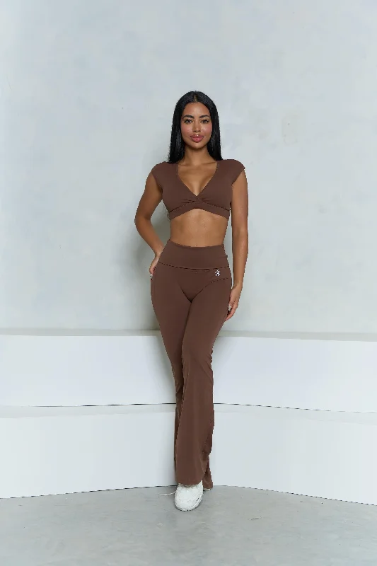 Brown V-Neck Crop Top and Flare Pant Set