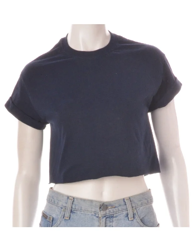 Label Cropped Bell Roll Sleeve Navy T-Shirt