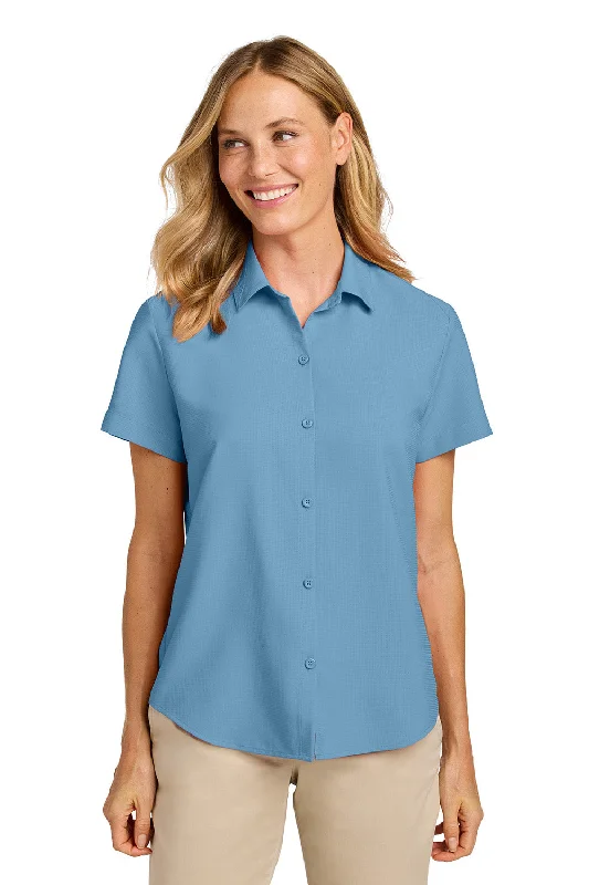 Port Authority Womens UV Dockside Moisture Wicking Short Sleeve Button Down Shirt - Carolina Blue - NEW