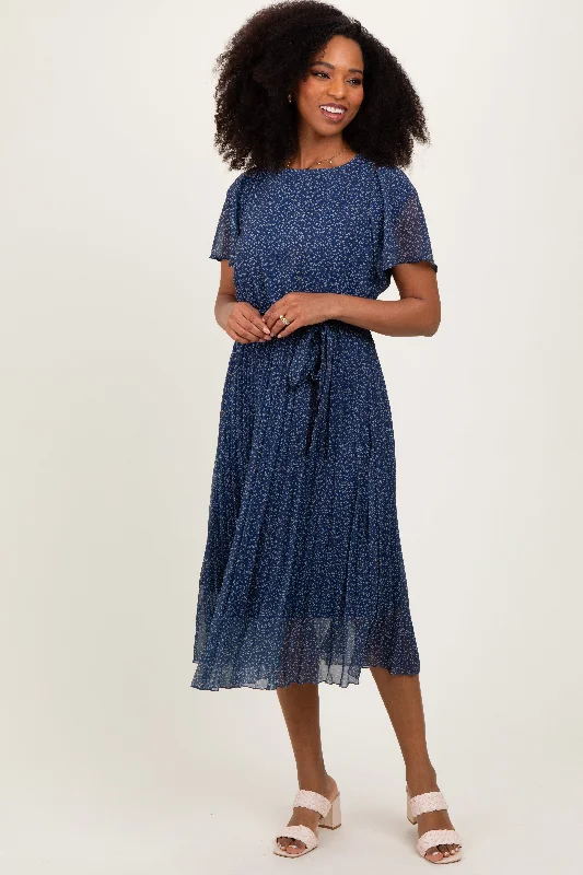 Navy Leaf Print Pleated Midi Dress