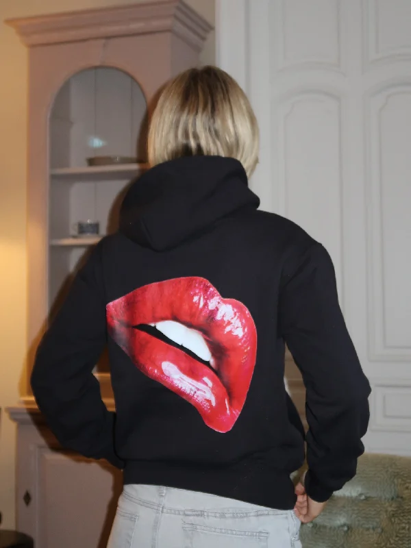 RED LIPS HOODIE - SORT