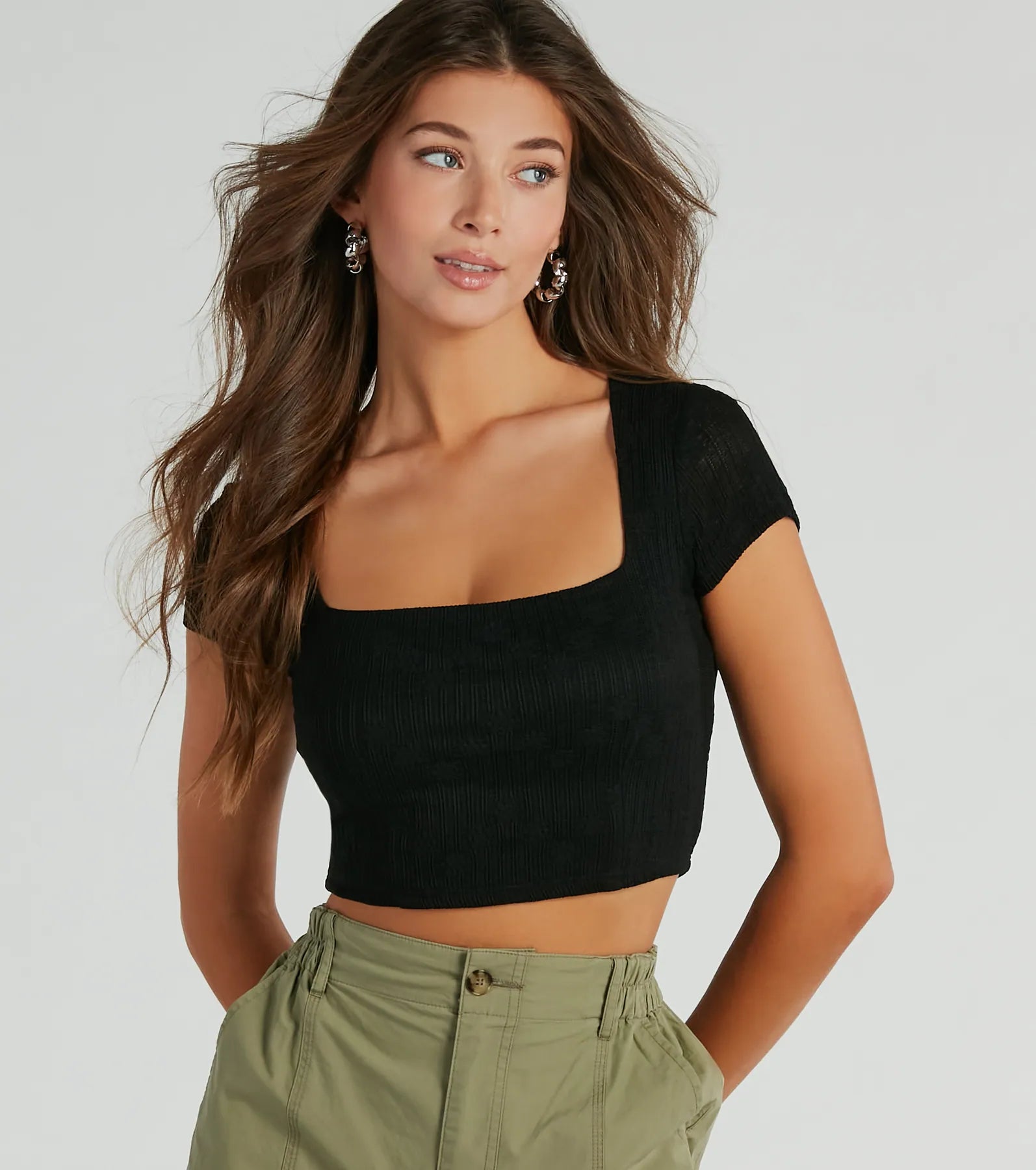 Effortless Outlook Square Neck Cap Sleeve Crop Top