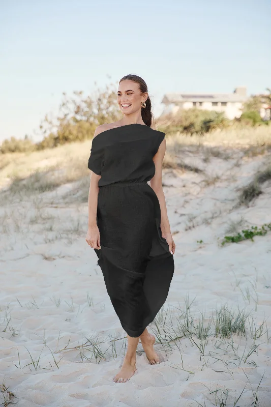 Alice Linen Drop Shoulder Dress in Black