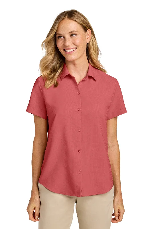 Port Authority Womens UV Dockside Moisture Wicking Short Sleeve Button Down Shirt - Coral Reef - NEW