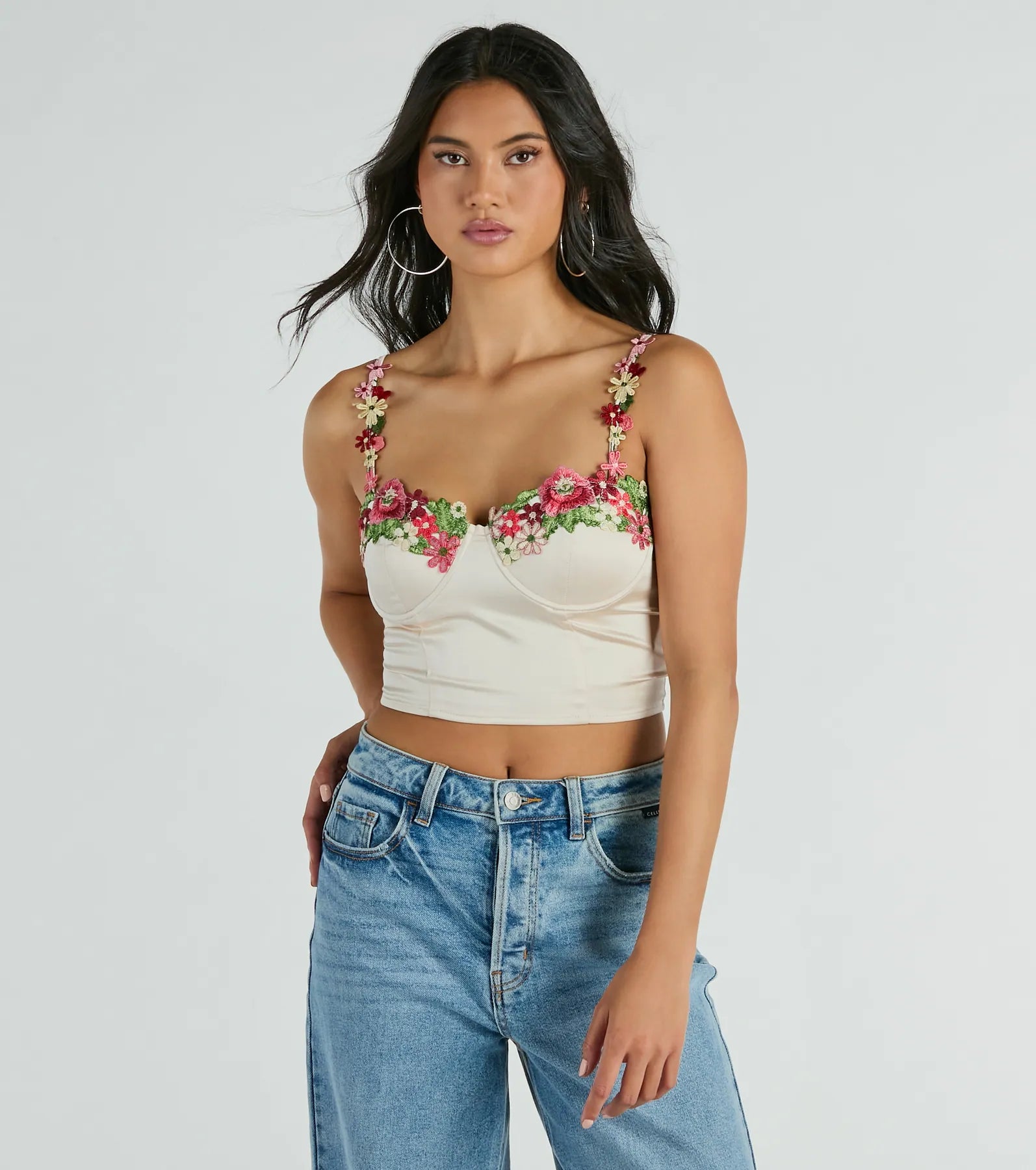 Flourish In Style Floral Applique Satin Crop Top