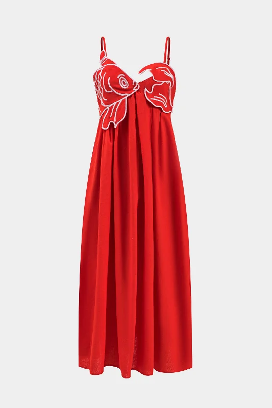 Pleated Fish Embroidery Backless Slip Maxi Dress