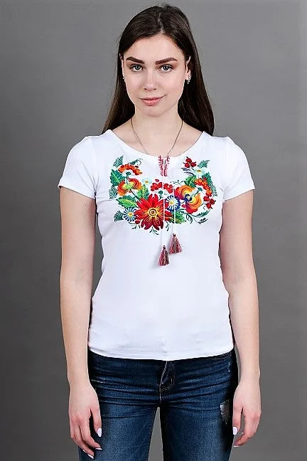 Women's short sleeve shirt with real embroidery "Petrykivka". White