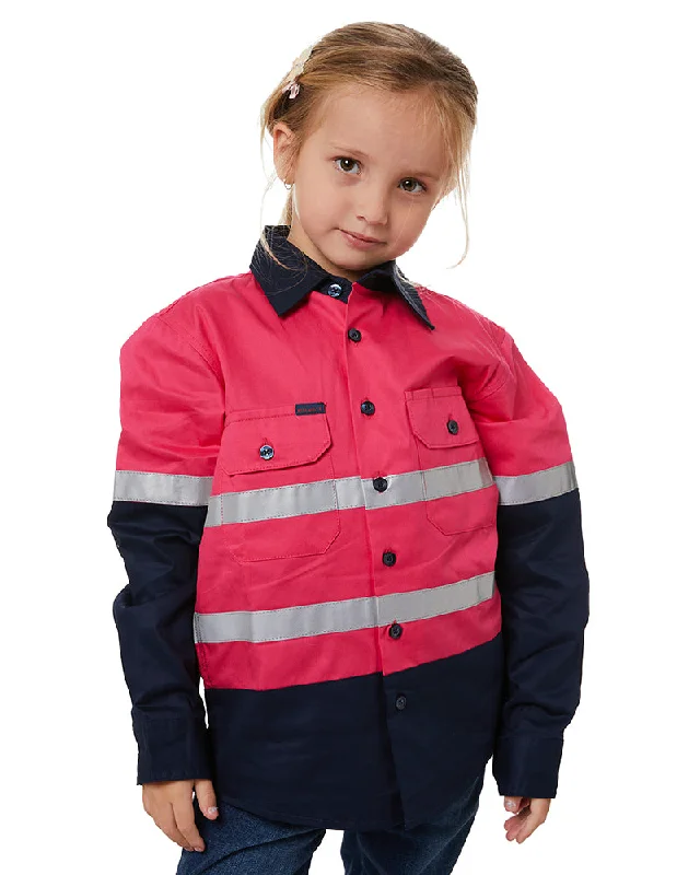 Hi Vis 2 Tone Open Front Kids Shirt - Pink/Navy