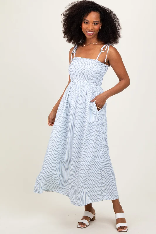 Blue Striped Shoulder Tie Smocked Maxi Dress