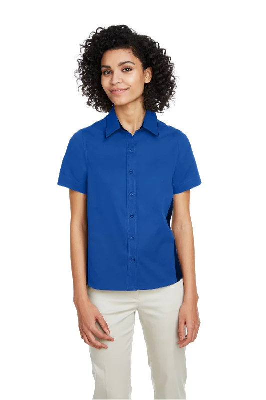 Harriton Womens Flash Colorblock Wrinkle Resistant Short Sleeve Button Down Shirt - True Royal Blue/Black