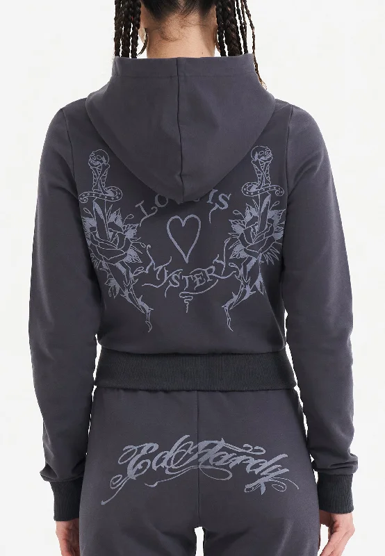 Womens Love Is Mystery Cropped Hoodie - Charcoal