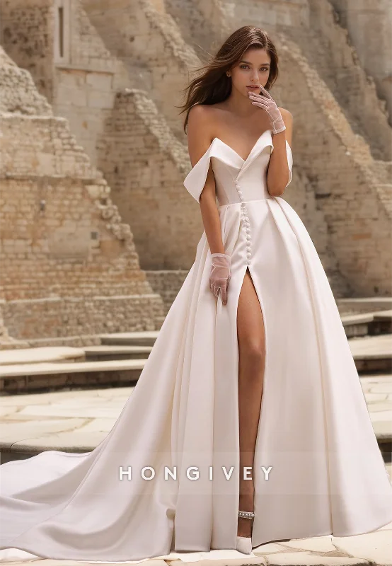 HONGIVEY Elegant Wedding Dress Bow Side Slit Off-Shoulder Sweetheart Bridal Dresses