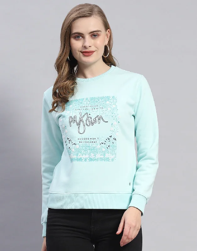 Women Blue Printed Round Neck Full Sleeve Sweatshirt