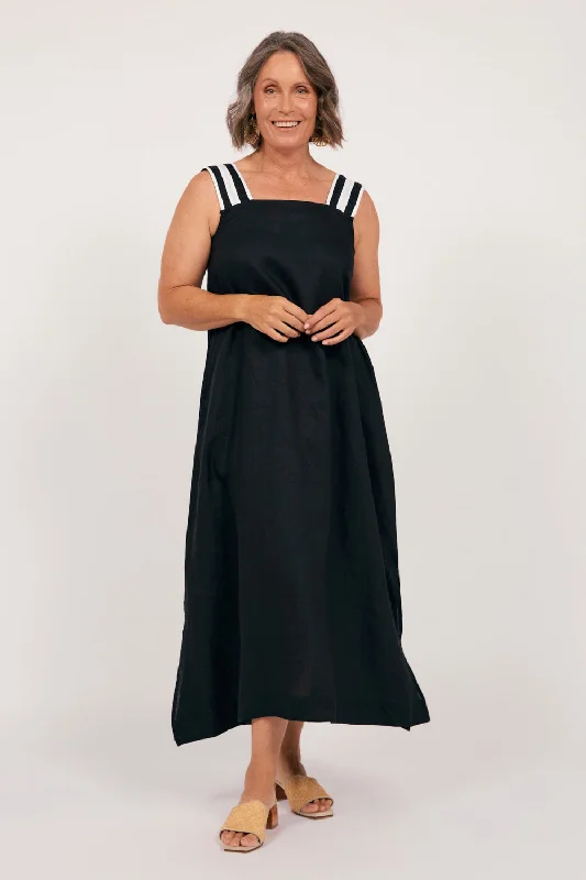 Bec Linen Sundress in Black with White Stitching