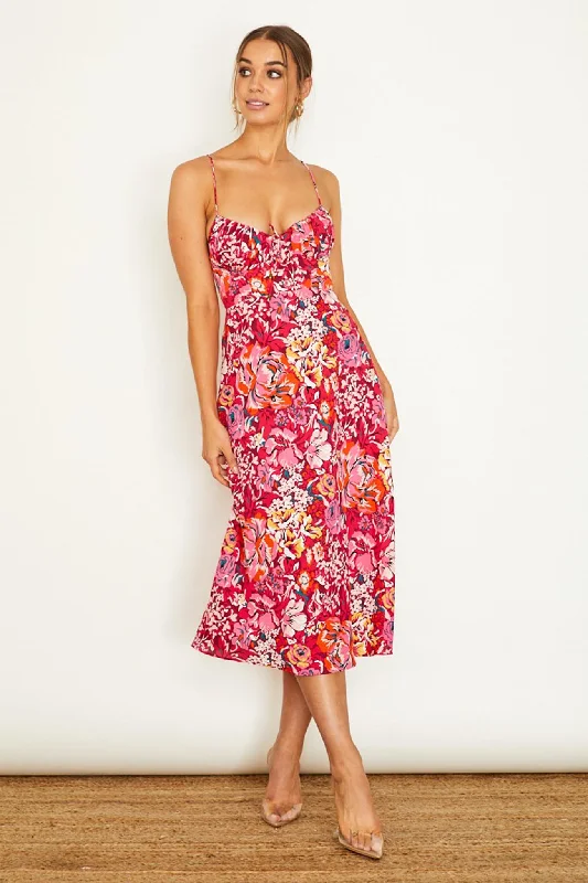 Malibu Gathered Bust Cami Strap Midi Dress Floral Red