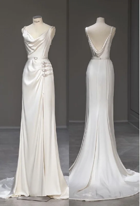 Elegant Ivory Straps Mermaid Satin Wedding Dress Formal Evening Dress, DP4662