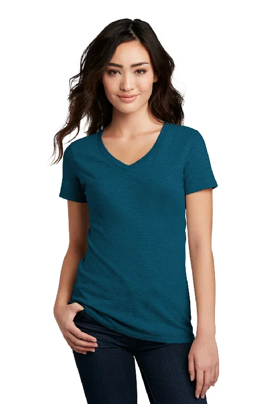 District Womens Perfect Blend Short Sleeve V-Neck T-Shirt - Deep Turquoise Blue Fleck