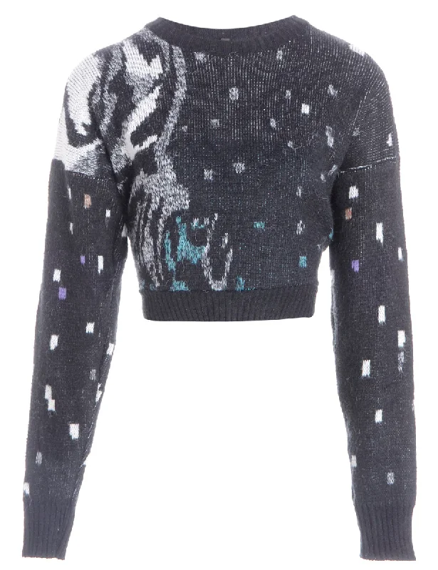 Label Cropped 80s Graphic Pattern Jumper